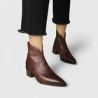 Women's Ankle Boots Pointed Toe with Block Heel and Side Zip - Dark Brown