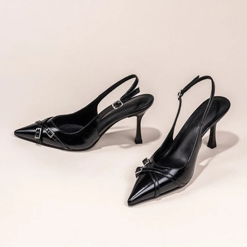 Women's Pointed Toe Slingback Court Shoes with Buckle Strap Heel - 2