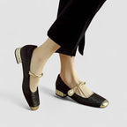 Women's Mary Jane Shoes with Block Heel and Buckle Strap - Black