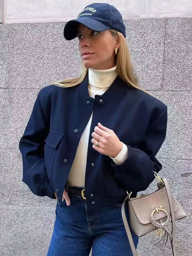 Women's Bomber Jacket with Patch Pockets and Ribbed Trim - 4