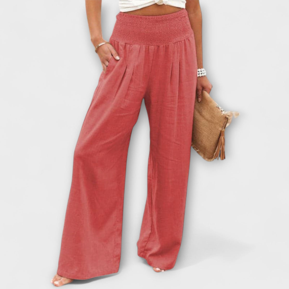 Women's Wide Leg Trousers with Mid-Rise Waistband - Pink