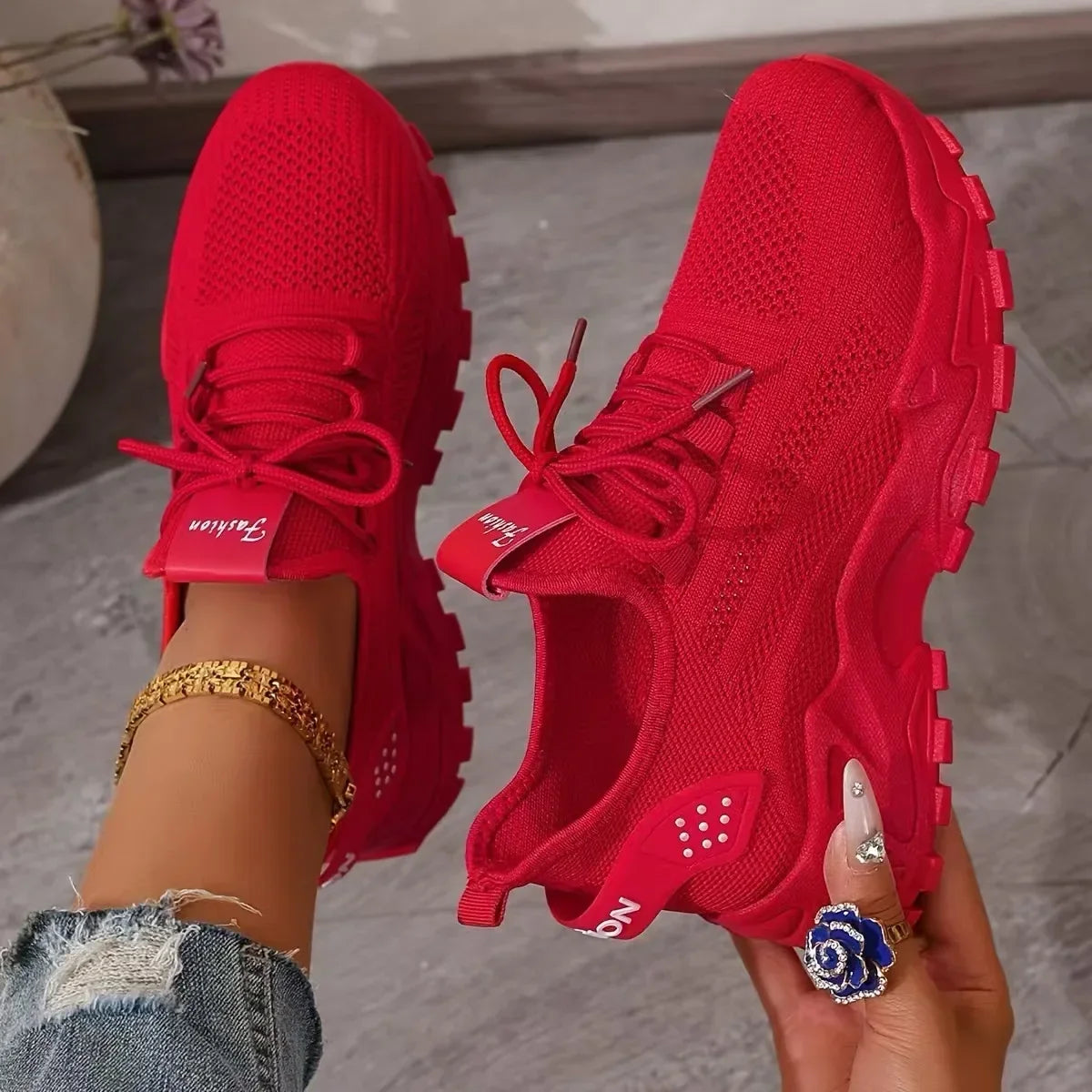 Women's Sneakers with Mesh Upper and Chunky Sole - Red