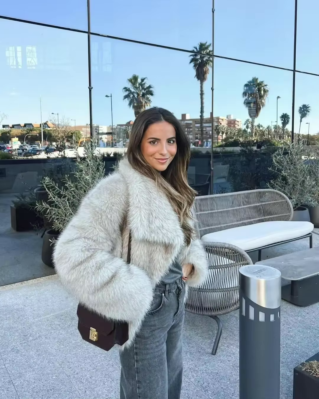 Women's Faux Fur Coat with Wide Collar - 4