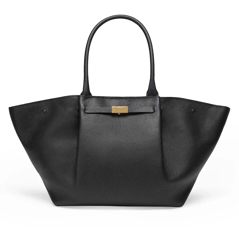 Women's Structured Tote Bag with Gold-Tone Clasp - Black