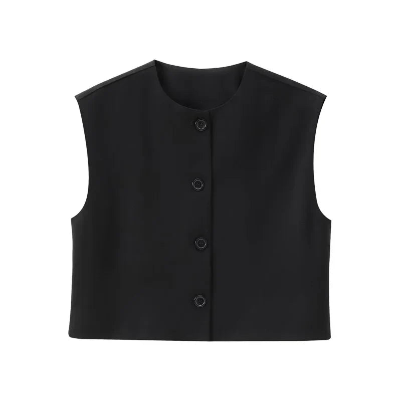 Women's Sleeveless Ribbed Knit Vest with Button Front and Round Neck - Black