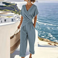 Women's Wrap V-Neck Jumpsuit with Twist Waist and Cropped Wide Legs - Blue