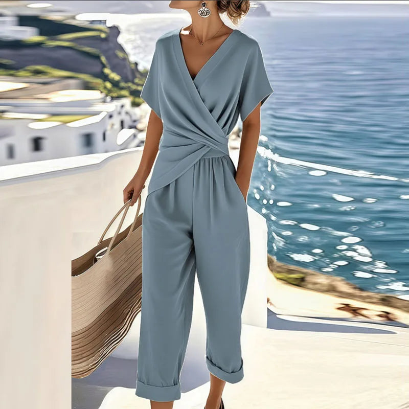 Women's Wrap V-Neck Jumpsuit with Twist Waist and Cropped Wide Legs - Blue