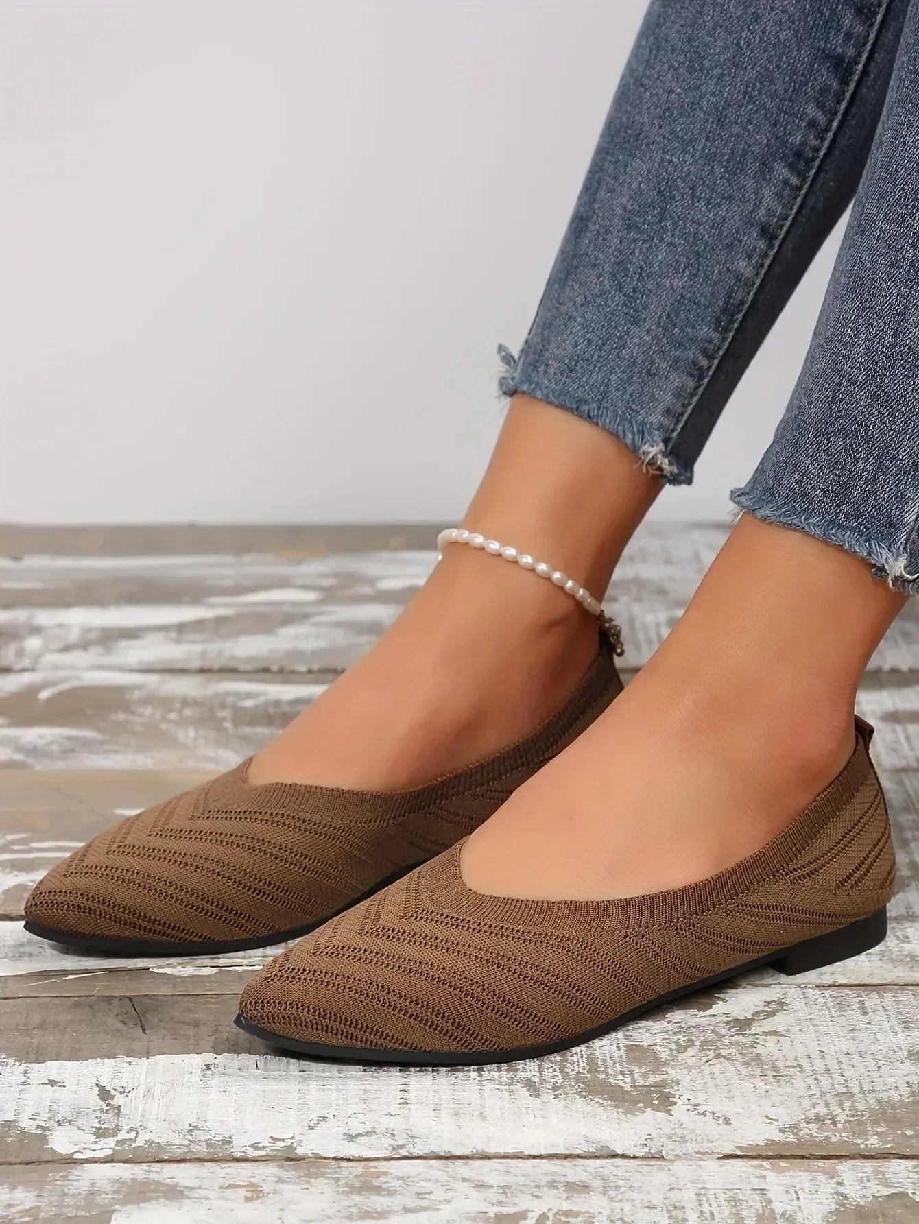 Women's Ballet Flats Pointed Toe with Stretch Knit Upper - Light Brown