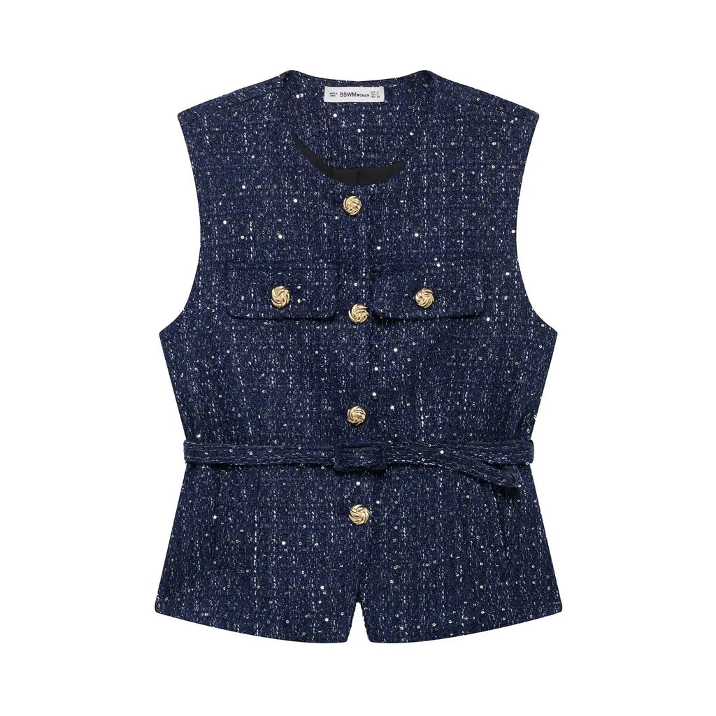 Women's Sleeveless Belted Blazer Vest with Round Neck and Front Buttons - Navy
