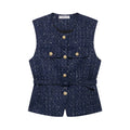 Women's Sleeveless Belted Blazer Vest with Round Neck and Front Buttons - Navy