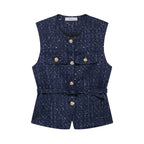 Women's Sleeveless Belted Blazer Vest with Round Neck and Front Buttons - Navy