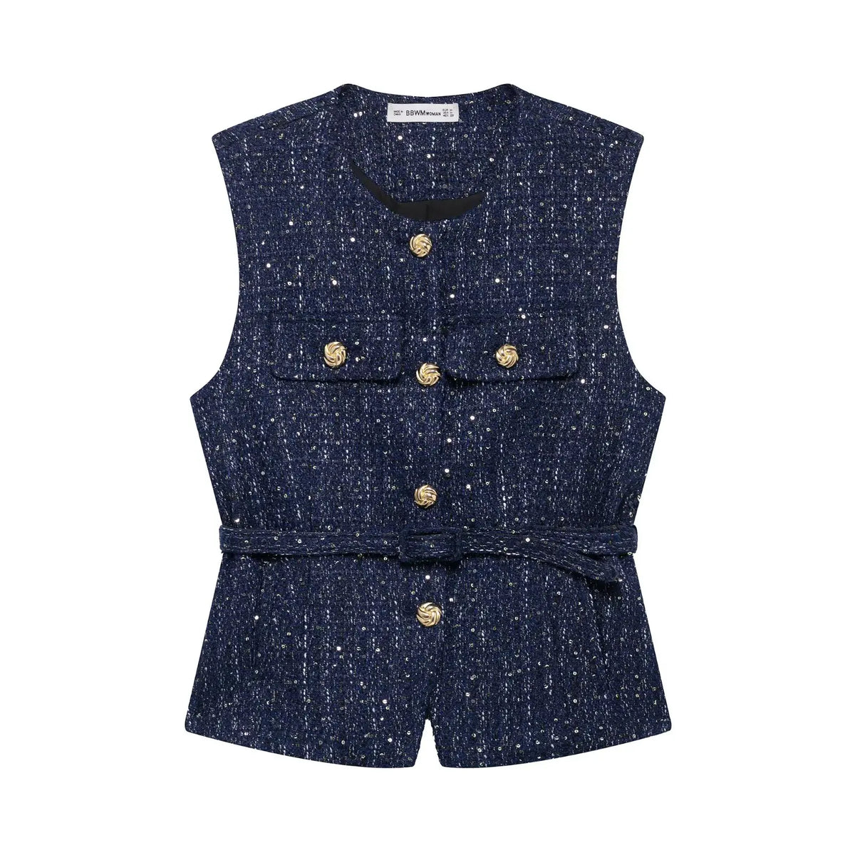 Women's Sleeveless Belted Blazer Vest with Round Neck and Front Buttons - Navy