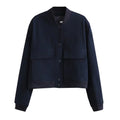 Women's Bomber Jacket with Patch Pockets and Ribbed Trim - Black