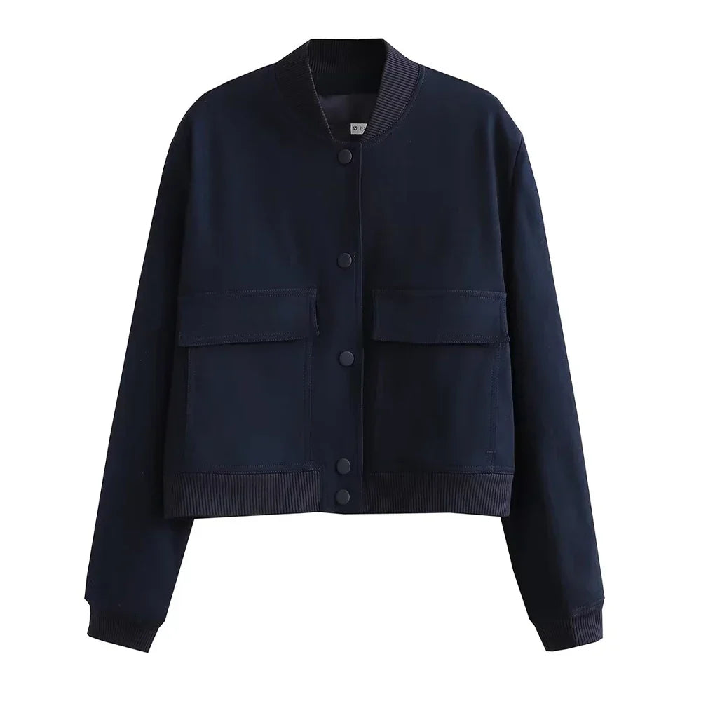 Women's Bomber Jacket with Patch Pockets and Ribbed Trim - Black