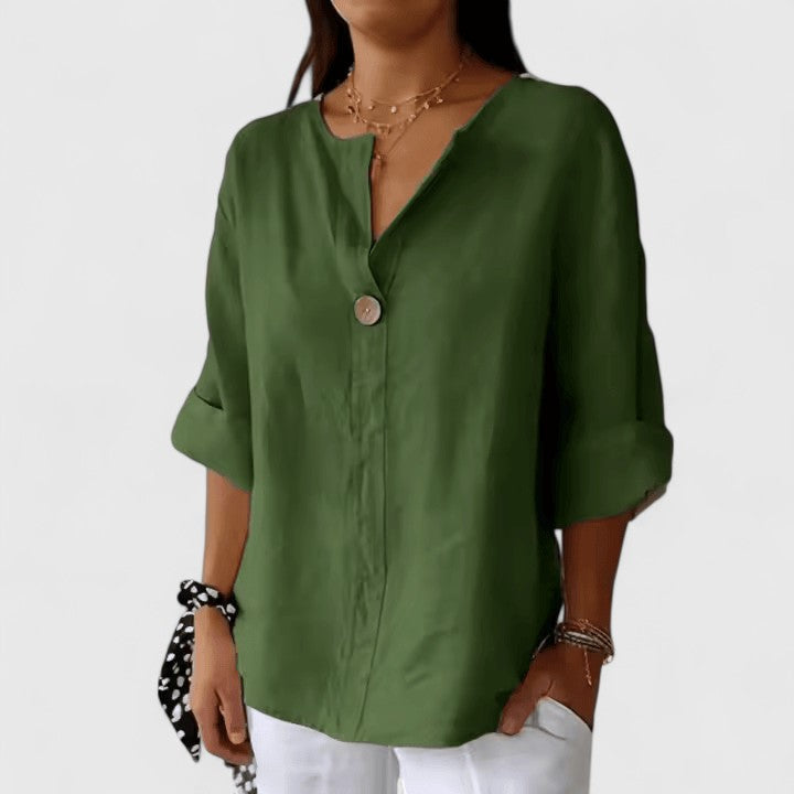Women's Blouse Loose Fit V-Neck with Front Knot Detail - Green