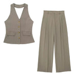 Women Halter Waistcoat and Trouser Co-ord Set with Wide Leg - Khaki