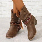 Women's Western Ankle Boots with Braided Tassel Strap and Block Heel - Dark Brown A