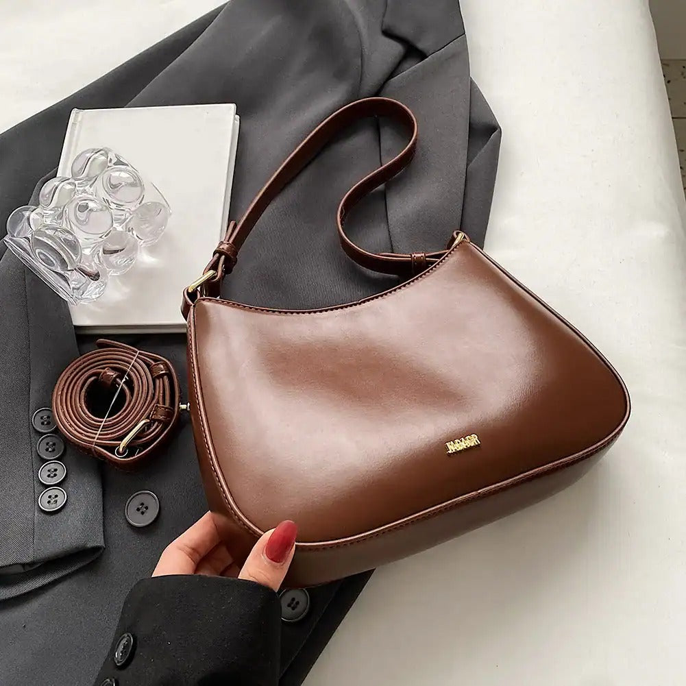 Women's Shoulder Bag with Adjustable Strap and Curved Silhouette - Dark Brown