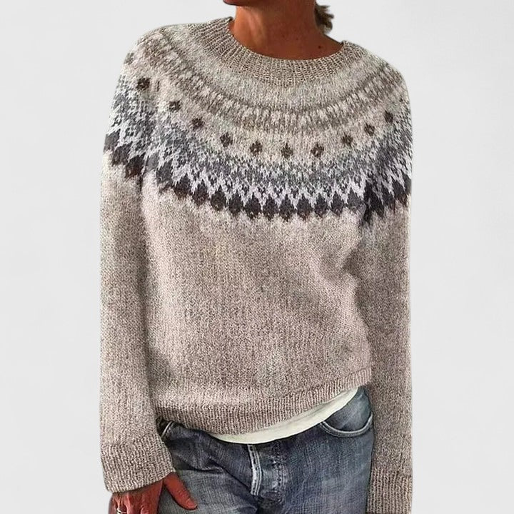 Women's Jumper Long Sleeve with Fair Isle Pattern and Round Neck - Dark Grey 2