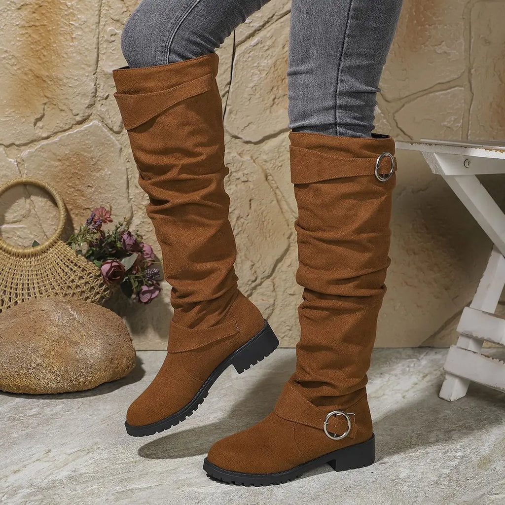 Women's Knee High Boots with Slouchy Fit and Buckle Detail - Khaki