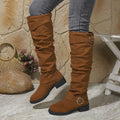 Women's Knee High Boots with Slouchy Fit and Buckle Detail - Khaki