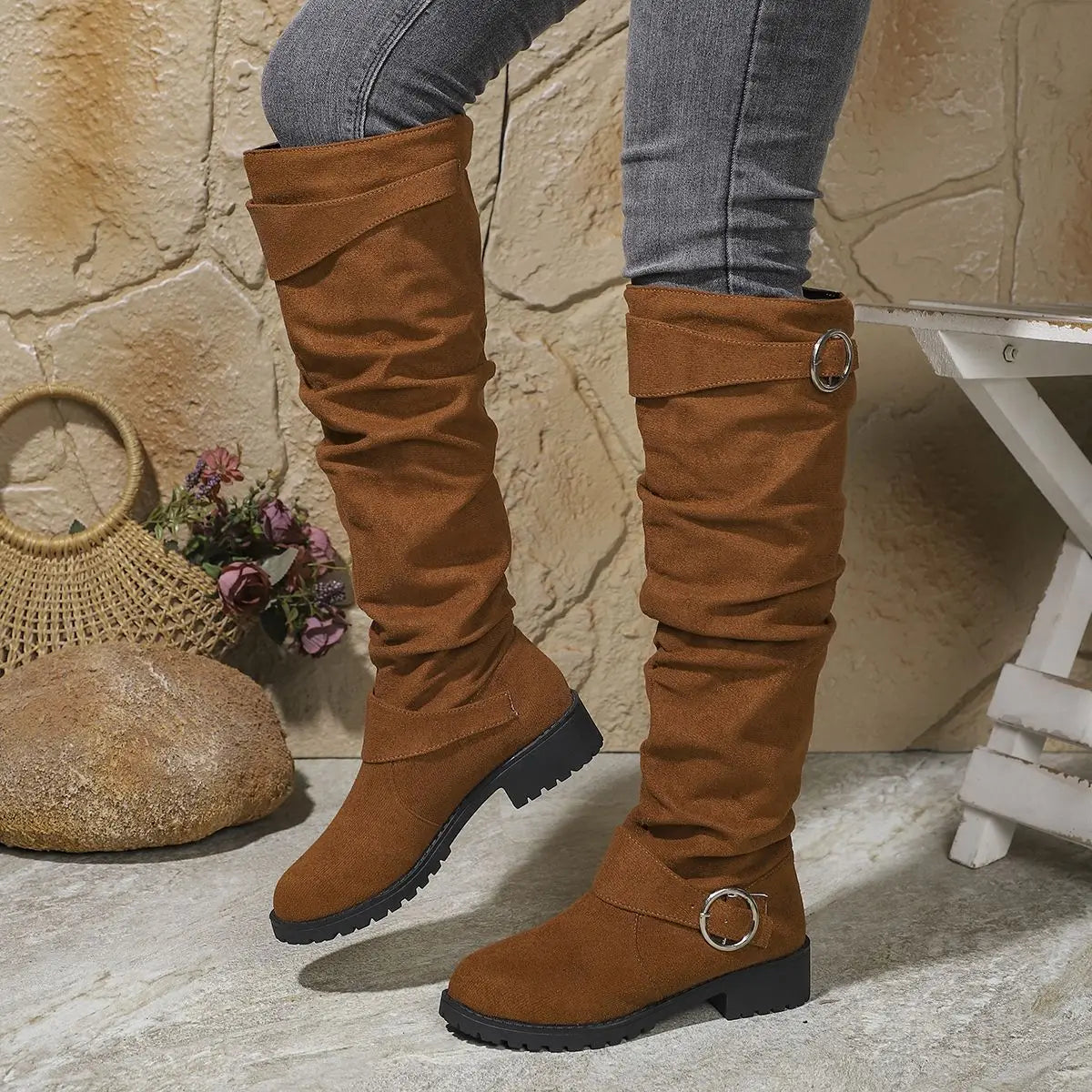 Women's Knee High Boots with Slouchy Fit and Buckle Detail - Khaki