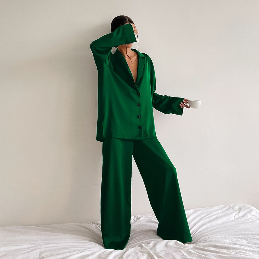 Satin Pyjama Set with Revere Collar and Wide Leg Trousers - Green