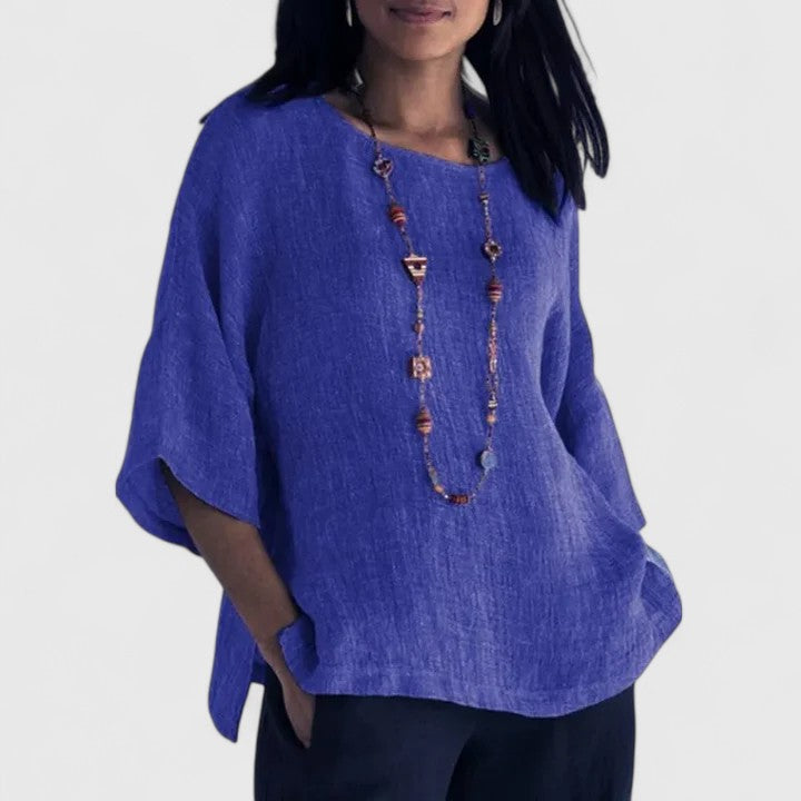 Women's Blouse Loose Fit with Round Neck and Three-Quarter Sleeves - Blue