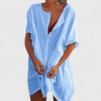 Women's Tunic Dress Relaxed Fit with Short Sleeves - Blue