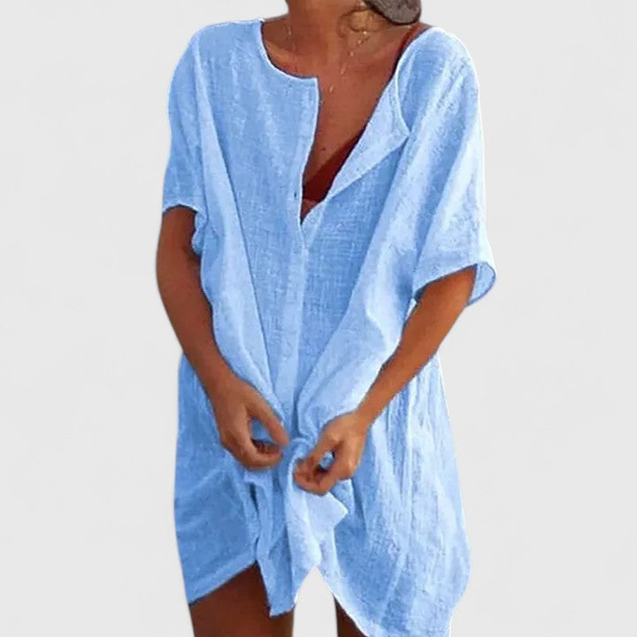 Women's Tunic Dress Relaxed Fit with Short Sleeves - Blue