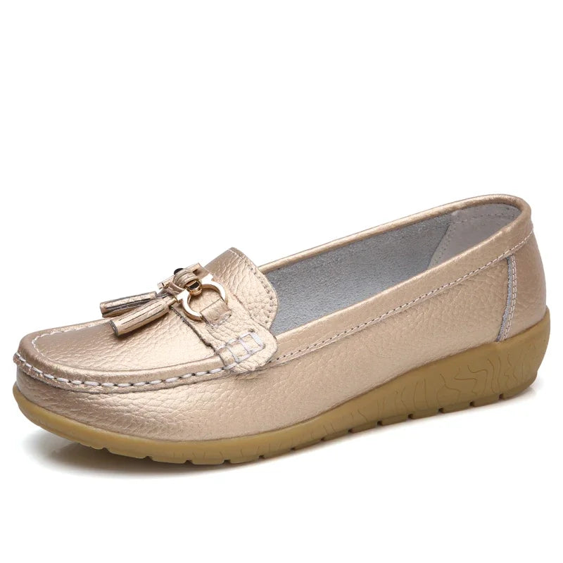 Women's Slip-On Loafers with Tassel Trim and Wedge Sole - Gold