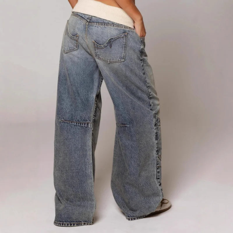 Women's Baggy Wide Leg Jeans with Rib Waistband - 5