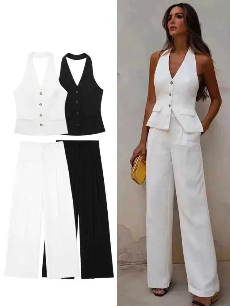 Women Halter Waistcoat and Trouser Co-ord Set with Wide Leg - 6