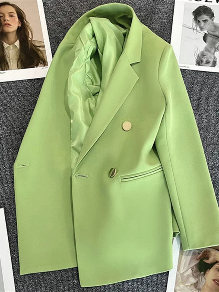 Women's Blazer Double-Breasted with Notched Lapel and Structured Fit - Green