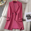 Women's Longline Blazer Coat with Tie Belt and Button Cuffs - Magenta Red