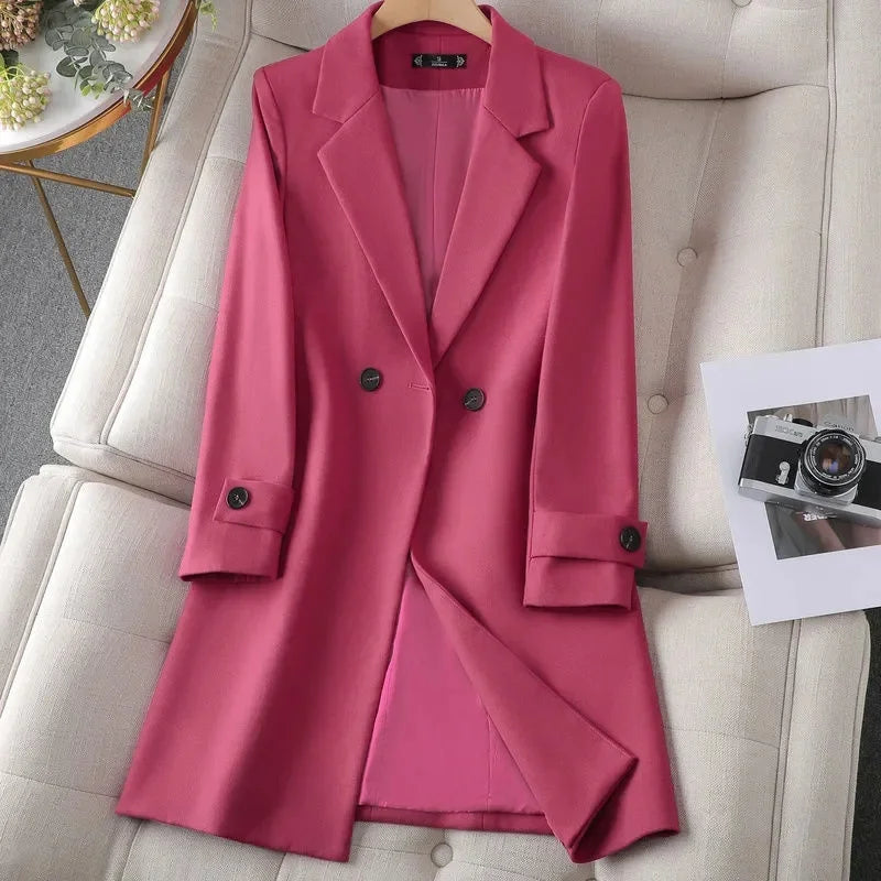 Women's Longline Blazer Coat with Tie Belt and Button Cuffs - Magenta Red