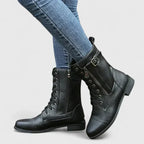 Women's Lace-Up Combat Boots with Buckle and Zip Detail - 2