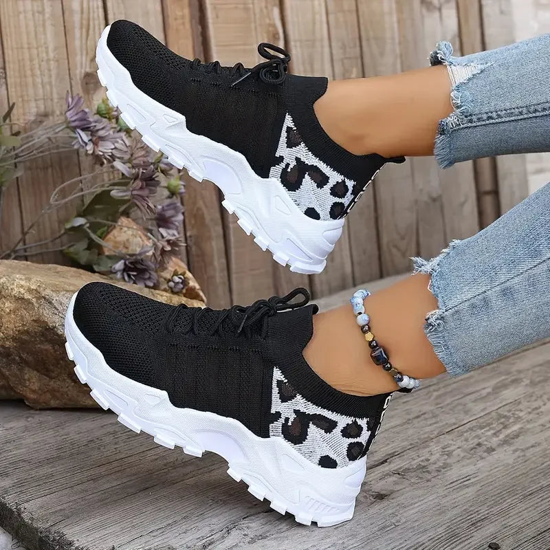 Women's Sneakers with Animal Print Panel and Lace-Up Front - Black