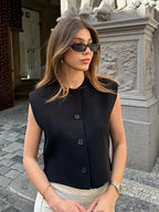 Women's Sleeveless Ribbed Knit Vest with Button Front and Round Neck - 7