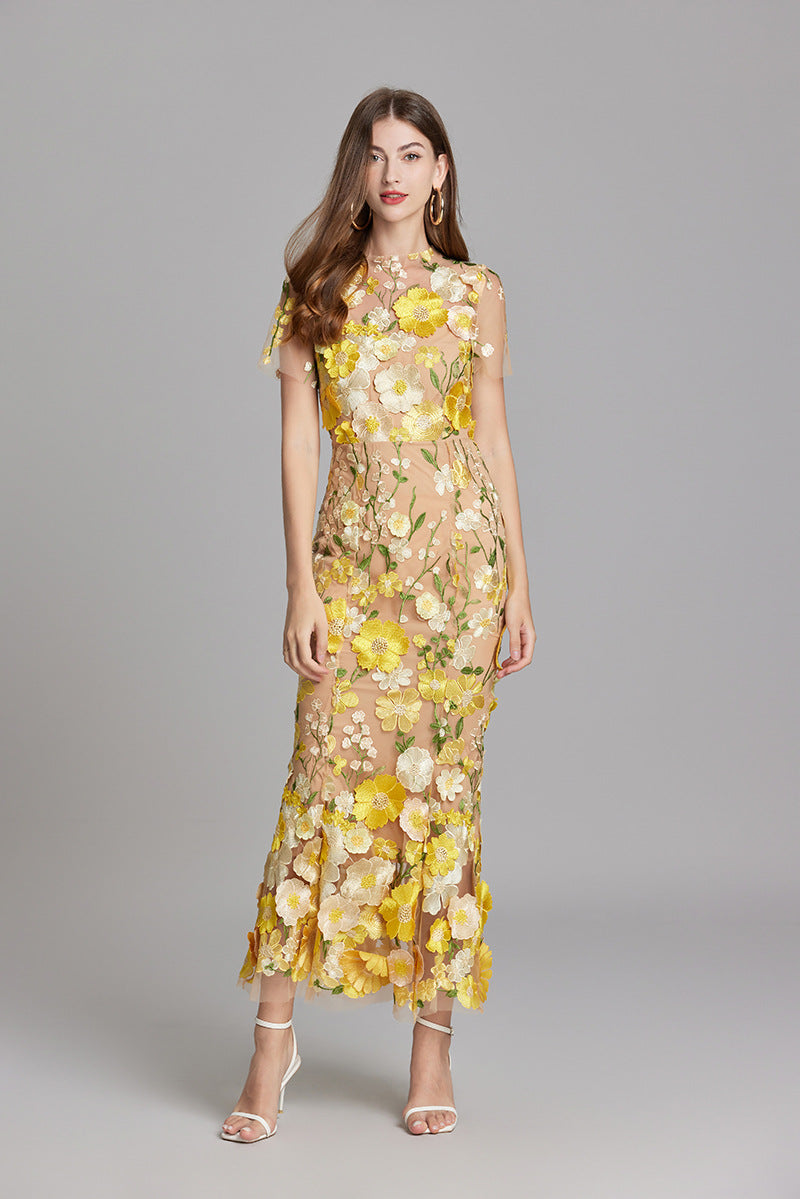 Women's Midi Dress Floral Appliqué with High Neckline and Sheer Sleeves - 10