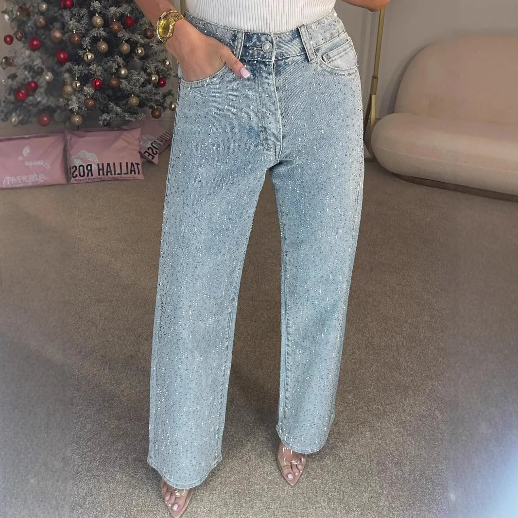 Women's High-Waist Straight-Leg Jeans with Diamante Detailing - Blue