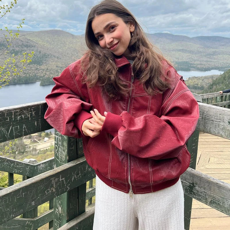 Women's Oversized Jacket with Contrast Seam Details - Red