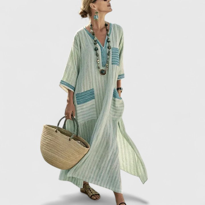 Women's Maxi Dress with V-Neck and Embroidered Trim - Blackish Green