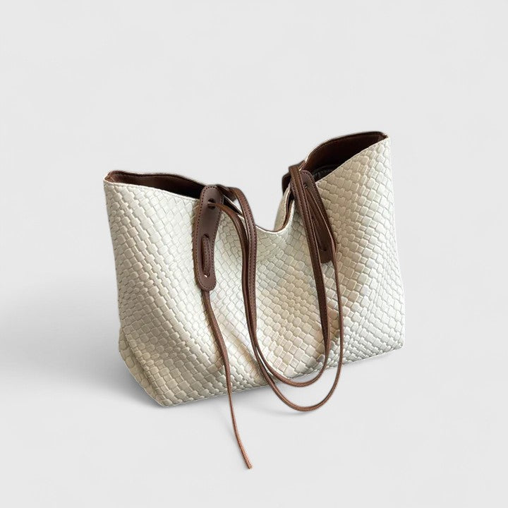 Women's Woven Tote Bag with Dual Handles - Beige