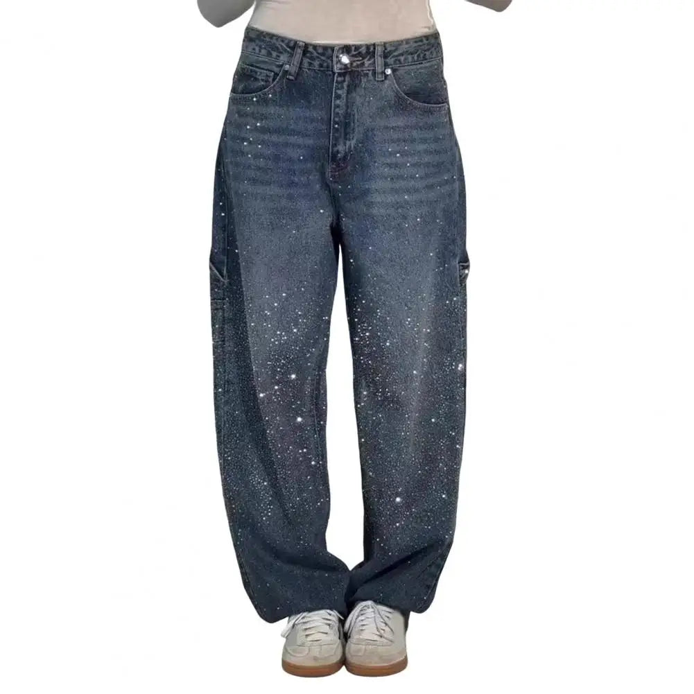 Women's Wide-Leg Jeans with Embellished Crystal Detail - Dark Blue