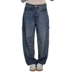 Women's Wide-Leg Jeans with Embellished Crystal Detail - Dark Blue