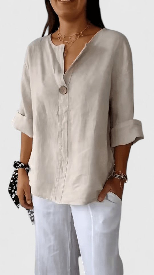 Women's Blouse Loose Fit V-Neck with Front Knot Detail - Beige