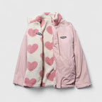 Women's Fleece Jacket with Heart Print and Stand Collar - Pink White
