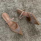 Women's Slingback Heels with Rhinestone Mesh Upper - 6