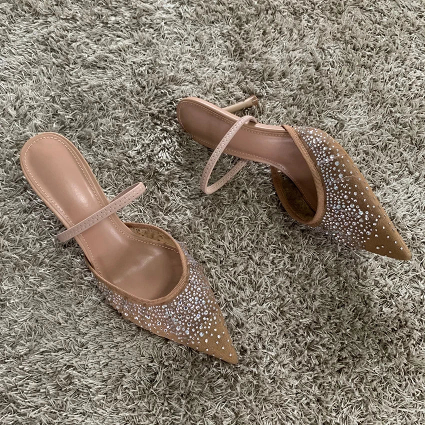 Women's Slingback Heels with Rhinestone Mesh Upper - 6